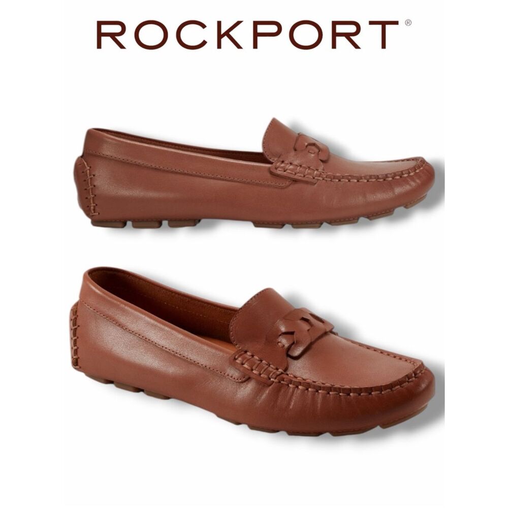 ROCKPORT Women's Blara Almond Toe Casual Flat Loafers in the Size 9.5 in Cognac